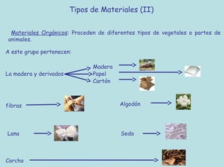 Tipos de Materiales (II)


  Materiales Orgánicos: Proceden de diferentes tipos de vegetales o partes de
 animales.

A este grupo pertenecen:

                               Madera
La madera y derivados          Papel
                               Cartón



fibras                                  Algodón




Lana                                     Seda



Corcho
 