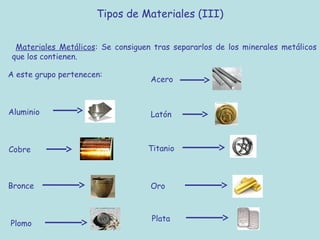 Tipos de Materiales (III)


  Materiales Metálicos: Se consiguen tras separarlos de los minerales metálicos
 que los contienen.

A este grupo pertenecen:
                                    Acero



Aluminio                            Latón



Cobre                              Titanio



Bronce                              Oro



                                    Plata
Plomo
 