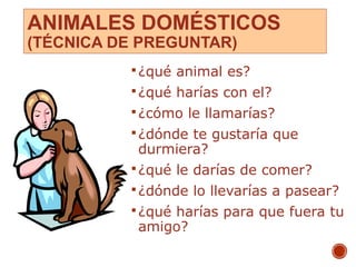 ANIMALES DOMÉSTICOS
(TÉCNICA DE PREGUNTAR)
¿qué animal es?
¿qué harías con el?
¿cómo le llamarías?
¿dónde te gustaría que
durmiera?
¿qué le darías de comer?
¿dónde lo llevarías a pasear?
¿qué harías para que fuera tu
amigo?
11
 