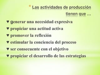 *
♥ generar una necesidad expresiva
♥ propiciar una actitud activa
♥ promover la reflexión
♥ estimular la conciencia del proceso
♥ ser consecuente con el objetivo
♥ propiciar el desarrollo de las estrategias
 