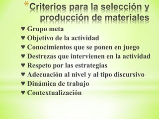 *
♥ Grupo meta
♥ Objetivo de la actividad
♥ Conocimientos que se ponen en juego
♥ Destrezas que intervienen en la actividad
♥ Respeto por las estrategias
♥ Adecuación al nivel y al tipo discursivo
♥ Dinámica de trabajo
♥ Contextualización
 