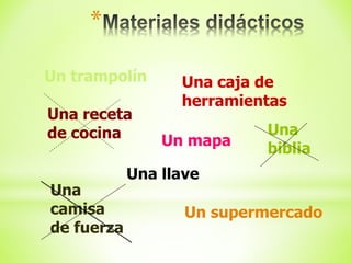*
Un trampolín Una caja de
herramientas
Una receta
de cocina Un mapa
Una llave
Una
biblia
Una
camisa
de fuerza
Un supermercado
 