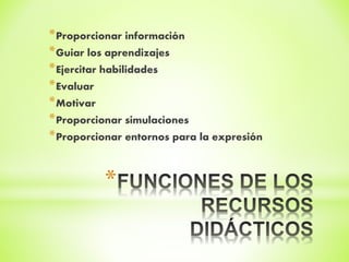 *
*Proporcionar información
*Guiar los aprendizajes
*Ejercitar habilidades
*Evaluar
*Motivar
*Proporcionar simulaciones
*Proporcionar entornos para la expresión
 