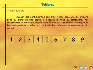 Tableros  JUEGO DEL 15 Juegan dos participantes con tres fichas cada uno. El primero pone su ficha en una casilla y después lo hace su compañero. Así sucesivamente hasta que alguno sume 15 con las tres fichas. Si ninguno lo ha conseguido se pueden ir cambiando las fichas a números que estén vacíos. 1 2 3 4 5 6 7 8 9 