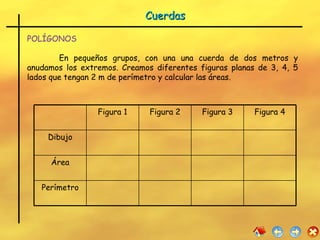 Cuerdas POLÍGONOS En pequeños grupos, con una una cuerda de dos metros y anudamos los extremos. Creamos diferentes figuras planas de 3, 4, 5 lados que tengan 2 m de perímetro y calcular las áreas. Figura 1 Figura 2 Figura 3 Figura 4 Dibujo Área Perímetro 