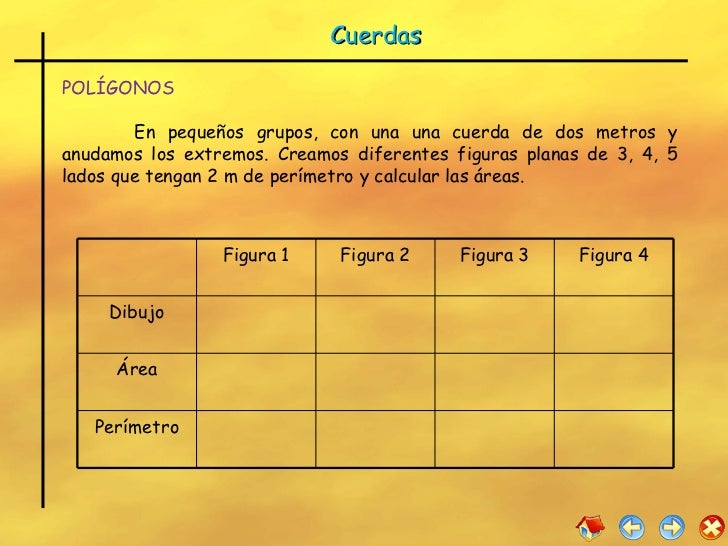 Cuerdas POLÍGONOS En pequeños grupos, con una una cuerda de dos metros y anudamos los extremos. Creamos diferentes figuras...