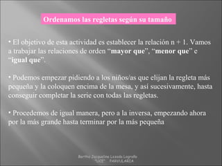 Ordenamos las regletas según su tamaño
• El objetivo de esta actividad es establecer la relación n + 1. Vamos
a trabajar las relaciones de orden “mayor que”, “menor que” e
“igual que”.
• Podemos empezar pidiendo a los niños/as que elijan la regleta más
pequeña y la coloquen encima de la mesa, y así sucesivamente, hasta
conseguir completar la serie con todas las regletas.
• Procedemos de igual manera, pero a la inversa, empezando ahora
por la más grande hasta terminar por la más pequeña
Bertha Jacqueline Lozada Logroño
"UCE" PARVULARIA
 