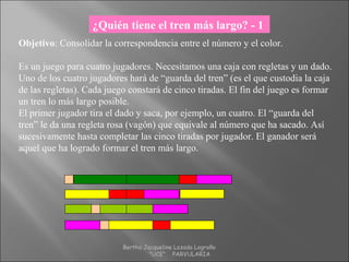 ¿Quién tiene el tren más largo? - 1
Objetivo: Consolidar la correspondencia entre el número y el color.
Es un juego para cuatro jugadores. Necesitamos una caja con regletas y un dado.
Uno de los cuatro jugadores hará de “guarda del tren” (es el que custodia la caja
de las regletas). Cada juego constará de cinco tiradas. El fin del juego es formar
un tren lo más largo posible.
El primer jugador tira el dado y saca, por ejemplo, un cuatro. El “guarda del
tren” le da una regleta rosa (vagón) que equivale al número que ha sacado. Así
sucesivamente hasta completar las cinco tiradas por jugador. El ganador será
aquel que ha logrado formar el tren más largo.
Bertha Jacqueline Lozada Logroño
"UCE" PARVULARIA
 
