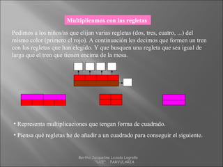 Multiplicamos con las regletas
Pedimos a los niños/as que elijan varias regletas (dos, tres, cuatro, ...) del
mismo color (primero el rojo). A continuación les decimos que formen un tren
con las regletas que han elegido. Y que busquen una regleta que sea igual de
larga que el tren que tienen encima de la mesa.
22 2 2
8
• Representa multiplicaciones que tengan forma de cuadrado.
• Piensa qué regletas he de añadir a un cuadrado para conseguir el siguiente.
Bertha Jacqueline Lozada Logroño
"UCE" PARVULARIA
 