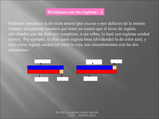 Dividimos con las regletas - 2
Podemos introducir la división entera (por exceso o por defecto) de la misma
manera, únicamente tenemos que tener en cuenta que el trozo de regleta
(dividendo) que me falte por completar, o me sobre, lo haré con regletas unidad
(resto). Por ejemplo, si elijo como regleta base (dividendo) la de color azul, y
elijo como regleta unidad (divisor) la roja, nos encontraremos con las dos
situaciones:
dividendo
divisor
dividendo
divisor
resto
resto
Bertha Jacqueline Lozada Logroño
"UCE" PARVULARIA
 
