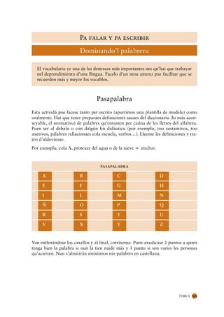 Pa falar y pa escribir
                         Dominando’l palabreru

  El vocabulariu ye una de les destreces más importantes nes qu’hai que trabayar
  nel deprendimientu d’una llingua. Facelo d’un mou amenu pue facilitar que se
  recuerden más y meyor los vocablos.



                                  Pasapalabra
Esta actividá pue facese tanto per escrito (apurrimos una plantilla de modelu) como
oralmente. Hai que tener preparaes definiciones sacaes del diccionariu (lo más acon-
seyable, el normativu) de palabres qu’entamen per caúna de les lletres del alfabetu.
Puen ser al debalu o con dalgún fin didáuticu (por exemplu, too sustantivos, too
axetivos, palabres rellacionaes cola escuela, verbos…). Lleense les definiciones y tra-
ten d’aldovinase.
Por exemplu: cola A, protexer del agua o de la nieve ¦ atechar.



                                    PA S A PA L A B R A

     A                   B                     C                   D

     E                   F                     G                   H

     I                   L                     M                   N

     Ñ                   O                     P                   Q

     R                   S                     T                   U

     V                   X                     Y                   Z



Van enllenándose los caxellos y al final, corríxense. Puen axudicase 2 puntos a quien
tenga bien la palabra si nun la tien naide más y 1 puntu si son varies les persones
qu’acierten. Nun s’almitirán sinónimos nin palabres en castellanu.




                                                                             TEMA 9   143
 