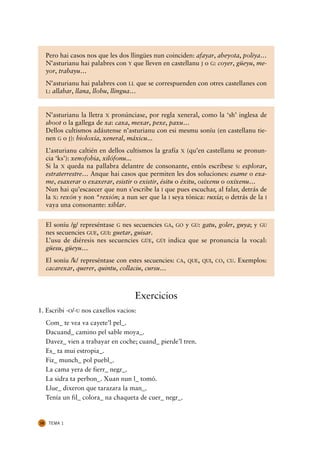 Pero hai casos nos que les dos llingües nun coinciden: afayar, abeyota, poliya…
     N’asturianu hai palabres con Y que lleven en castellanu J o G: coyer, güeyu, me-
     yor, trabayu…
     N’asturianu hai palabres con LL que se correspuenden con otres castellanes con
     L: allabar, llana, llobu, llingua…



     N’asturianu la lletra X pronúnciase, por regla xeneral, como la ‘sh’ inglesa de
     shoot o la gallega de xa: caxa, mexar, pexe, paxu…
     Dellos cultismos adáutense n’asturianu con esi mesmu soníu (en castellanu tie-
     nen G o J): bioloxía, xeneral, máxicu...
     L’asturianu caltién en dellos cultismos la grafía X (qu’en castellanu se pronun-
     cia ‘ks’): xenofobia, xilófonu...
     Si la X queda na pallabra delantre de consonante, entós escríbese S: esplorar,
     estraterrestre… Anque hai casos que permiten les dos soluciones: esame o exa-
     me, esaxerar o exaxerar, esistir o existir, ésitu o éxitu, osíxenu o oxíxenu…
     Nun hai qu’escaecer que nun s’escribe la I que pues escuchar, al falar, detrás de
     la X: rexón y non *rexión; a nun ser que la I seya tónica: ruxía; o detrás de la I
     vaya una consonante: xiblar.


     El soníu /g/ represéntase G nes secuencies GA, GO y GU: gatu, goler, guya; y GU
     nes secuencies GUE, GUI: guetar, guisar.
     L’usu de diéresis nes secuencies GÜE, GÜI indica que se pronuncia la vocal:
     güesu, güeyu…
     El soníu /k/ represéntase con estes secuencies:   CA, QUE, QUI, CO, CU.   Exemplos:
     cacarexar, querer, quintu, collaciu, cursu…



                                      Exercicios
1. Escribi -O/-U nos caxellos vacios:
     Com_ te vea va cayete’l pel_.
     Dacuand_ camino pel sable moya_.
     Davez_ vien a trabayar en coche; cuand_ pierde’l tren.
     Es_ ta mui estropia_.
     Fiz_ munch_ pol puebl_.
     La cama yera de fierr_ negr_.
     La sidra ta perbon_. Xuan nun l_ tomó.
     Llue_ dixeron que tarazara la man_.
     Tenía un fil_ colora_ na chaqueta de cuer_ negr_.


18    TEMA 1
 