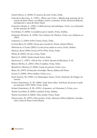García Rivas, A. (2004): O viaxeiro da noite. Uviéu, Trabe.
González Reguera, A. (1997): «Pleitu ente Uviéu y Mérida pola posesión de les
  cenices de Santa Olaya» en Fábules, teatru y romances. Uviéu, Alvízoras [Edición,
  introducción y notes de Xulio Viejo].
González Rubín, E. (1992): Collaboraciones periodístiques. Uviéu, alla [Facsímil
  de dos artículos de 1890].
Gutiérrez, V. (2006): Les palabres que te mando. Uviéu, Ámbitu.
Junquera Huergo, X. (1996): Llos trabayos de Chinticu. Uviéu, alla [Impresu en
  1843].
Lorences, T. (2003): Sobre l’arena. Uviéu, Trabe.
Losada Rico, N. (2004): Fueyas que reverdecen. Xixón, Atenéu Obreru.
Mánfer de la Llera (2002): La mio prosa atada en versos. Uviéu, Ámbitu.
Manuel Asur (1996): Poesía [1976-1996]. Uviéu, Trabe.
Piñán, B. (2003): Un mes. Uviéu, Trabe.
Prieto, E. (2002): Güelu Ismail. Uviéu, Trabe.
Quintana, C. (1987): «Ola de fríu» n’Adréi. Revista de lliteratura, 2: 62.
Robles Muñiz, E. (2001): Obra Completa. Uviéu, Trabe.
Rodríguez Medina, P. (2006): Cantu de gaviotes. Uviéu, alla.
Rojo, M. (1997): El buscador d’estrel.as. Mieres, Editora del Norte.
                                    .l
Solar, A. (2004): Obres inédites. Uviéu, alla.
Solís Santos, M. (1982): Les llamuergues doraes. Uviéu, Seminariu de Llingua As-
  turiana.
Suárez Fernández, X. M. (2006): Unde letras falan. Antoloxía da poesía en gale-
  go-asturiano (1891-2006). Uviéu, Trabe.
Suárez Fernández, X. M. (1991): «8 poemas» en Lliteratura 2. Uviéu, alla.
Texón Castañón, P. (2006): Catedral. Uviéu, Ámbitu.
Texón Castañón, P. (2004): Toles siendes. Uviéu, Trabe.
Xovellanos, X. (1997): Obra poética. Uviéu, Alvízoras Llibros [Edición, introduc-
  ción y notes de Xuan Carlos Busto].




282   BIBLIOGRAFÍA
 
