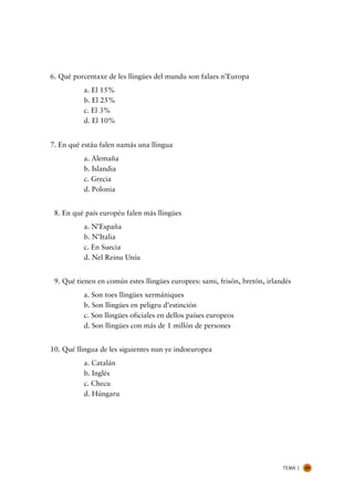 6. Qué porcentaxe de les llingües del mundu son falaes n’Europa
           a. El 15%
           b. El 25%
           c. El 3%
           d. El 10%


7. En qué estáu falen namás una llingua
           a. Alemaña
           b. Islandia
           c. Grecia
           d. Polonia


08. En qué país européu falen más llingües
           a. N’España
           b. N’Italia
           c. En Suecia
           d. Nel Reinu Uníu


09. Qué tienen en común estes llingües europees: sami, frisón, bretón, irlandés
           a. Son toes llingües xermániques
           b. Son llingües en peligru d’estinción
           c. Son llingües oficiales en dellos países europeos
           d. Son llingües con más de 1 millón de persones


10. Qué llingua de les siguientes nun ye indoeuropea
           a. Catalán
           b. Inglés
           c. Checu
           d. Húngaru




                                                                            TEMA 1   29
 