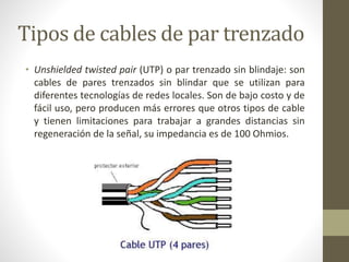 Tipos de cables de par trenzado 
• Unshielded twisted pair (UTP) o par trenzado sin blindaje: son 
cables de pares trenzados sin blindar que se utilizan para 
diferentes tecnologías de redes locales. Son de bajo costo y de 
fácil uso, pero producen más errores que otros tipos de cable 
y tienen limitaciones para trabajar a grandes distancias sin 
regeneración de la señal, su impedancia es de 100 Ohmios. 
 