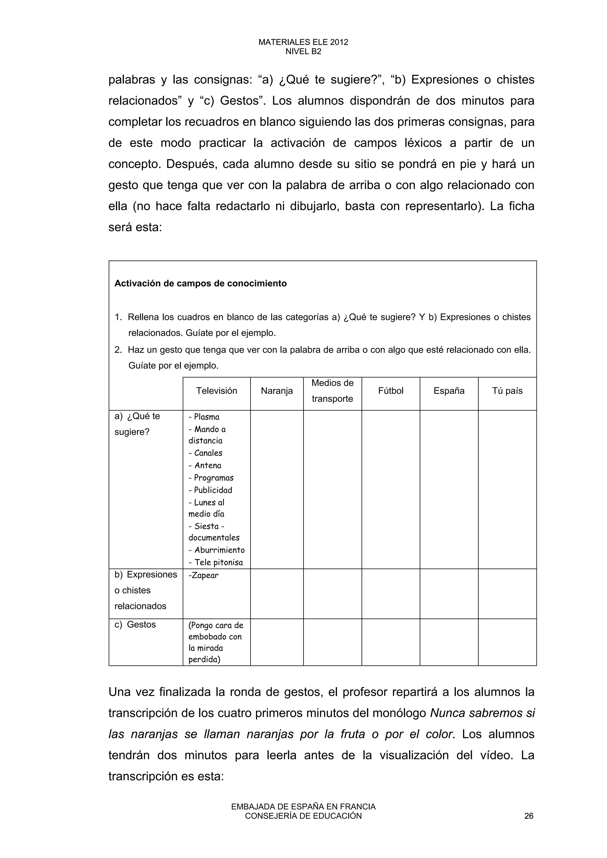 palabras y las consignas: “a) ¿Qué te sugiere?”, “b) Expresiones o chistes
relacionados” y “c) Gestos”. Los alumnos dispondrán de dos minutos para
completar los recuadros en blanco siguiendo las dos primeras consignas, para
de este modo practicar la activación de campos léxicos a partir de un
concepto. Después, cada alumno desde su sitio se pondrá en pie y hará un
gesto que tenga que ver con la palabra de arriba o con algo relacionado con
ella (no hace falta redactarlo ni dibujarlo, basta con representarlo). La ficha
será esta:
Activación de campos de conocimiento
1. Rellena los cuadros en blanco de las categorías a) ¿Qué te sugiere? Y b) Expresiones o chistes
relacionados. Guíate por el ejemplo.
2. Haz un gesto que tenga que ver con la palabra de arriba o con algo que esté relacionado con ella.
Guíate por el ejemplo.
Televisión Naranja
Medios de
transporte
Fútbol España Tú país
a) ¿Qué te
sugiere?
- Plasma
- Mando a
distancia
- Canales
- Antena
- Programas
- Publicidad
- Lunes al
medio día
- Siesta -
documentales
- Aburrimiento
- Tele pitonisa
b) Expresiones
o chistes
relacionados
-Zapear
c) Gestos (Pongo cara de
embobado con
la mirada
perdida)
Una vez finalizada la ronda de gestos, el profesor repartirá a los alumnos la
transcripción de los cuatro primeros minutos del monólogo Nunca sabremos si
las naranjas se llaman naranjas por la fruta o por el color. Los alumnos
tendrán dos minutos para leerla antes de la visualización del vídeo. La
transcripción es esta:
26
MATERIALES ELE 2012
NIVEL B2
26
MATERIALES ELE 2012
NIVEL B2
EMBAJADA DE ESPAÑA EN FRANCIA
CONSEJERÍA DE EDUCACIÓN 26
 