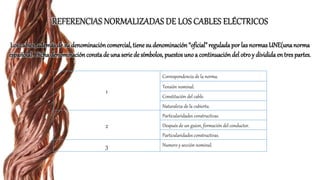 Los cables, además de su denominación comercial, tienesu denominación “oficial”reguladapor las normasUNE(unanorma
española). Dichadenominaciónconstade unaserie de símbolos, puestos unoa continuación del otro y divididaen tres partes.
1
Correspondencia de la norma.
Tensión nominal.
Constitución del cable.
Naturaleza de la cubierta.
2
Particularidades constructivas.
Después de un guion, formación del conductor.
Particularidades constructivas.
3 Numero y sección nominal.
 