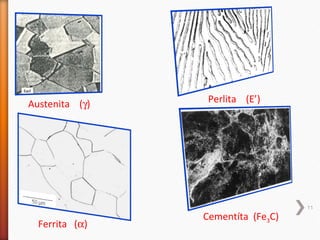 Austenita (γ)    Perlita (E’)




                                   11
                Cementíta (Fe3C)
  Ferrita (α)
 