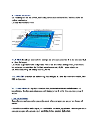  TERRENO DE JUEGO:
Un rectángulo de 18 x 9 m, rodeado por una zona libre de 3 m de ancho en
todos sus lados.
Líneas de delimitación:
 LA RED: En el eje central del campo se sitúa una red de 1 m de ancho y 9,5
a 10 m de largo.
La altura superior de la red puede variar en distintas categorías, siendo en
las categorías adultas de 2,43 m para hombres y 2,24 para mujeres.
En Alevines (10 y 11 años) es de 2,10 m.
 EL BALÓN: El balón es esférico y flexible; 65-67 cm de circunferencia, 260-
280 g de peso.
 LOS EQUIPOS: El equipo completo lo pueden formar un máximo de 14
jugadores. Cada equipo juega con 6 jugadores: 3 en la línea delantera y 3
atrás.
- Las rotaciones:
Cuando un equipo anota un punto, será el encargado de poner en juego el
balón.
Cuando se arrebata el saque, al contrario, los seis jugadores tienen que rotar
su posición en el campo en el sentido de las agujas del reloj.
 