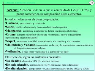Aceros:  Aleación Fe-C en la que el contenido de C  (0´1,1´76), y puede contener en su composición otros elementos. Introducir elementos da otras propiedades: Carbono ,  aporta dureza y resistencia Silicio ,  confiere elasticidad y buena conductividad magnética Manganeso ,  contribuye a aumentar su dureza y resistencia al desgaste Cromo ,  aumenta su dureza y le confiere resistencia al calor y al rozamiento  imprescindible hacerse inoxidable) Níquel ,  aumenta su tenacidad y su resistencia a la tracción y a la corrosión Molibdeno y Vanadio , incrementan su dureza y le proporcionan mayor resistencia  al desgaste mecánico en caliente. Volframio ,  lo hace tenaz y resistente a la corrosión y al calor Clasificación según las sustancias presentes: No aleados,   elementos <1% [Ej: aceros al carbono] De baja aleación,   componente   (1,5)% [Ej: aceros para rodamientos] De alta aleación,   componente >5% [Ej: acero inoxidable 18/10, 18%Cr y 10%Ni] 4-6 