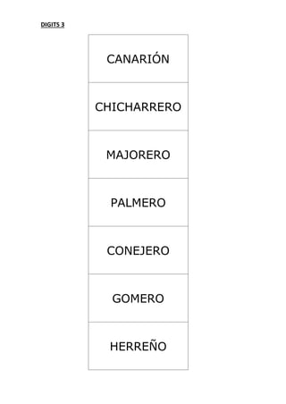 DIGITS 3
CANARIÓN
CHICHARRERO
MAJORERO
PALMERO
CONEJERO
GOMERO
HERREÑO
 