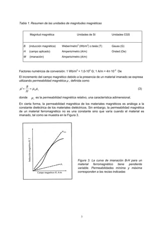 3
Tabla 1. Resumen de las unidades de magnitudes magnéticas
Magnitud magnética Unidades de SI Unidades CGS
B (inducción magnética)
H (campo aplicado)
M (imanación)
Weber/metro2
(Wb/m2
) o tesla (T)
Amperio/metro (A/m)
Amperio/metro (A/m)
Gauss (G)
Orsted (Oe)
Factores numéricos de conversión: 1 Wb/m2
= 1,0-104
G; 1 A/m = 4π·10-3
Oe
El incremento del campo magnético debido a la presencia de un material imanado se expresa
utilizando permeabilidad magnética µ , definida como
r
H
B
µµµ 0' == (3)
donde rµ es la permeabilidad magnética relativo, una característica adimensional.
En cierta forma, la permeabilidad magnética de los materiales magnéticos es análoga a la
constante dieléctrica de los materiales dieléctricos. Sin embargo, la permeabilidad magnética
de un material ferromagnético no es una constante sino que varía cuando el material es
imanado, tal como se muestra en la Figura 3.
Figura 3. La curva de imanación B-H para un
material ferromagnético tiene pendiente
variable. Permeabilidades mínima y máxima
corresponden a las recias indicadas
 