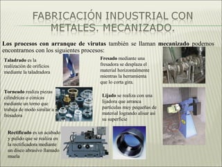 Los procesos con arranque de virutas también se llaman mecanizado podemos
encontrarnos con los siguientes procesos:
Taladrado es la
realización de orificios
mediante la taladradora
Fresado mediante una
fresadora se desplaza el
material horizontalmente
mientras la herramienta
que lo corta gira.
Torneado realiza piezas
cilíndricas o cónicas
mediante un torno que
trabaja de modo similar a la
fresadora
Lijado se realiza con una
lijadora que arranca
partículas muy pequeñas de
material logrando alisar así
su superficie
Rectificado es un acabado
y pulido que se realiza en
la rectificadora mediante
un disco abrasivo llamado
muela
 