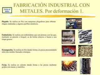 FABRICACIÓN INDUSTRIAL CON
METALES. Por deformación 1.
Volver al
índice
Plegado. Se realiza en frío con máquinas plegadoras para obtener
chapas onduladas y algunos perfiles metálicos.
Embutición. Se realiza con embutidoras que son prensas con las que,
mediante un punzón o troquel, se da forma cóncava o hueca a una
chapa gruesa .
Estampación. Se realiza en frío dando forma a la pieza presionándola
entre dos moldes llamados estampas.
Forja. Se realiza en caliente dando forma a las piezas mediante
golpes con mazas y martillos.
 
