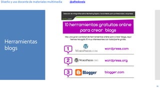 @alfredovelaDiseño y uso docente de materiales multimedia
Herramientas
blogs
34
 