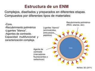 Estructura de un ENM
Complejos, diseñados y preparados en diferentes etapas.
Compuestos por diferentes tipos de materiales:

                                                    Recubrimiento polimérico
-Core.                                              (PEG, silanos, etc).
-Recubrimiento polimérico       Ligantes “blanco”
-Ligantes “blanco”.             (aminoácidos,
                                anticuerpos,
-Agentes de contraste.
                                péptidos)
Capacidad multifuncional y
caracterización compleja.

                                                      Core
                      Agente de
                      contraste
                      (marcadores
                      fluorescentes o
                      radiactivos)


                                                              McNeil, SE (2011)
 