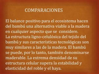 COMPARACIONES

El balance positivo para el ecosistema hacen
del bambú una alternativa viable a la madera
en cualquier aspecto que se considere.
La estructura ligno-celulósica del tejido del
bambú y sus características tecnológicas son
muy similares a las de la madera. El bambú
se puede, por lo tanto, también denominarse
maderable. La extrema densidad de su
estructura celular supera la estabilidad y
elasticidad del roble y el haya.
 