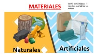 MATERIALES
Naturales Artificiales
Son los elementos que se
necesitan para fabricar los
objetos.
 
