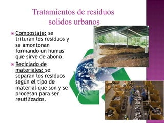  Compostaje: se
  trituran los residuos y
  se amontonan
  formando un humus
  que sirve de abono.
 Reciclado de
  materiales: se
  separan los residuos
  según el tipo de
  material que son y se
  procesan para ser
  reutilizados.
 