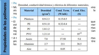  Propiedades eléctricas:
 Malos conductores eléctricos, por lo que son empleados como
aislantes. Para evitar cargas estáticas como antiestáticos, la
superficie del polímero tiene una conducción parcial de cargas.
 Propiedades Físicas:
 El estudio de difracción de rayos x sobre el polietileno muestra que
este material esta constituido por moléculas que pueden contener
desde 1.000 hasta 150.000 grupos 𝐶𝐻2 − 𝐶𝐻2 presenta ciertas
regiones con ordenamiento cristalino y otras donde evidencian
carácter amorfo.
 A temperaturas bajas los polímeros se vuelven mas duros con ciertas
propiedades vítreas debido a la perdida de movimiento relativo entre
las cadenas que forman el material.
Propiedadesdelospolímeros
 