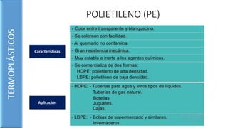 POLIETILENO (PE)TERMOPLÁSTICOS
Características
Aplicación
 