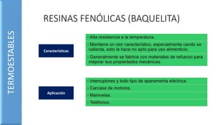 RESINAS FENÓLICAS (BAQUELITA)
TERMOESTABLES
Características
Aplicación
 