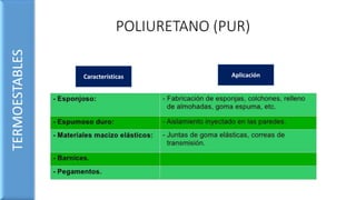 POLIURETANO (PUR)
TERMOESTABLES
Características Aplicación
 