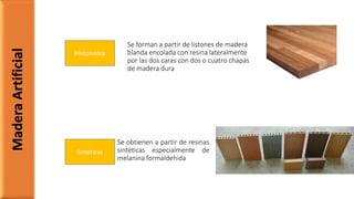 Se forman a partir de listones de madera
blanda encolada con resina lateralmente
por las dos caras con dos o cuatro chapas
de madera dura
Alistonados
MaderaArtificial
Sintéticas
Se obtienen a partir de resinas
sintéticas especialmente de
melanina formaldehida
 