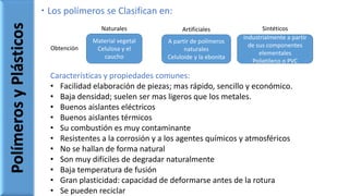  Los polímeros se Clasifican en:
PolímerosyPlásticos
Material vegetal
Celulosa y el
caucho
A partir de polímeros
naturales
Celuloide y la ebonita
Industrialmente a partir
de sus componentes
elementales
Polietileno o PVC
ArtificialesNaturales
Obtención
Sintéticos
Características y propiedades comunes:
• Facilidad elaboración de piezas; mas rápido, sencillo y económico.
• Baja densidad; suelen ser mas ligeros que los metales.
• Buenos aislantes eléctricos
• Buenos aislantes térmicos
• Su combustión es muy contaminante
• Resistentes a la corrosión y a los agentes químicos y atmosféricos
• No se hallan de forma natural
• Son muy difíciles de degradar naturalmente
• Baja temperatura de fusión
• Gran plasticidad: capacidad de deformarse antes de la rotura
• Se pueden reciclar
 