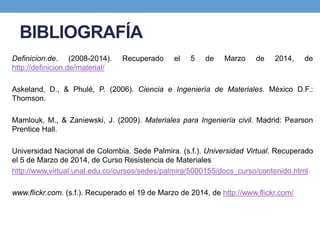 BIBLIOGRAFÍA
Definicion.de. (2008-2014). Recuperado el 5 de Marzo de 2014, de
http://definicion.de/material/
Askeland, D., & Phulé, P. (2006). Ciencia e Ingeniería de Materiales. México D.F.:
Thomson.
Mamlouk, M., & Zaniewski, J. (2009). Materiales para Ingeniería civil. Madrid: Pearson
Prentice Hall.
Universidad Nacional de Colombia. Sede Palmira. (s.f.). Universidad Virtual. Recuperado
el 5 de Marzo de 2014, de Curso Resistencia de Materiales
http://www.virtual.unal.edu.co/cursos/sedes/palmira/5000155/docs_curso/contenido.html
www.flickr.com. (s.f.). Recuperado el 19 de Marzo de 2014, de http://www.flickr.com/
 
