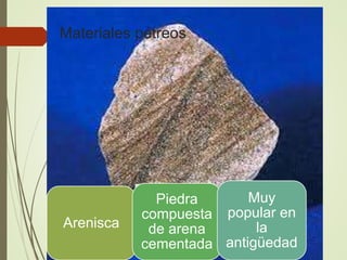 Arenisca
Piedra
compuesta
de arena
cementada
Muy
popular en
la
antigüedad
Materiales pétreos
 