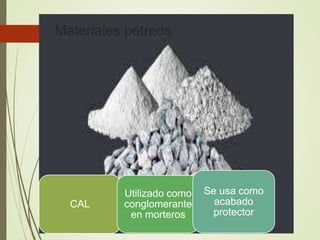 CAL
Utilizado como
conglomerante
en morteros
Se usa como
acabado
protector
Materiales pétreos
 
