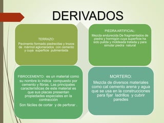 DERIVADOS
TERRAZO:
Pavimento formado piedrecitas y trozos
de mármol aglomerados con cemento
y cuya superficie pulimentada
PIEDRA ARTIFICIAL:
Mezcla endurecida De fragmentados de
piedra y hormigón cuya superficie ha
sido pulida y moldeada tratada y para
simular piedra natural
FIBROCEMENTO: es un material como
su nombre lo indica compuesto por
cemento y fibras. Las principales
características de este material es
que sus placas presentan
propiedades especiales en la
contracción
Son fáciles de cortar y de perforar .
MORTERO:
Mezcla de diversos materiales
como cal cemento arena y agua
que se usa en la construcciones
para fijar ladrillos y cubrir
paredes
 