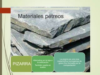 PIZARRA
Alternativa en la teja a
la edificación
También usada en
suelos
La pizarra es una roca
metamórfica homogénea de
grano fino formada por la
compactación
Materiales pétreos
 