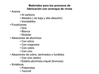 Materiales para los procesos de fabricación con arranque de viruta •  Aceros •  Al carbono •  Aleados ( de baja y alta aleación) •  Inoxidables •  Fundiciones •  Gris •  Blanca •  Nodular •  Aleaciones de aluminios •  Con silicio •  Con magnesio •  Con cobre •  Con cinc •  Aleaciones de cobre, laminados o fundidos •  Con cinc (latón) •  Estaño,aluminios,níquel (bronces) •  Sintéticos •  Poliamidas •  Technill 