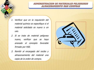 1. Verificar que en la requisición del 
material químico se especifique si el 
material solicitado es nuevo o en 
uso. 
2. Si se trata de material peligroso 
nuevo, verificar que se haya 
anexado el concepto favorable 
firmado por HSE. 
3. Remitir al encargado del recibo y 
almacenamiento del material una 
copia de la orden de compra. 
 