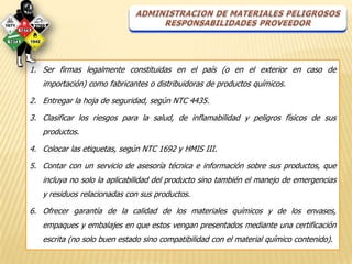 1. Ser firmas legalmente constituidas en el país (o en el exterior en caso de
   importación) como fabricantes o distribuidoras de productos químicos.

2. Entregar la hoja de seguridad, según NTC 4435.

3. Clasificar los riesgos para la salud, de inflamabilidad y peligros físicos de sus
   productos.

4. Colocar las etiquetas, según NTC 1692 y HMIS III.

5. Contar con un servicio de asesoría técnica e información sobre sus productos, que
   incluya no solo la aplicabilidad del producto sino también el manejo de emergencias
   y residuos relacionadas con sus productos.

6. Ofrecer garantía de la calidad de los materiales químicos y de los envases,
   empaques y embalajes en que estos vengan presentados mediante una certificación
   escrita (no solo buen estado sino compatibilidad con el material químico contenido).
 