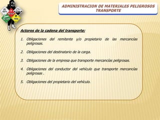 Actores de la cadena del transporte:

1. Obligaciones del remitente y/o propietario de las mercancías
   peligrosas.

2. Obligaciones del destinatario de la carga.

3. Obligaciones de la empresa que transporte mercancías peligrosas.

4. Obligaciones del conductor del vehículo que transporte mercancías
   peligrosas .

5. Obligaciones del propietario del vehículo.
 