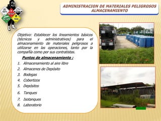 Objetivo: Establecer los lineamientos básicos
(técnicos    y   administrativos)   para   el
almacenamiento de materiales peligrosos a
utilizarse en las operaciones, tanto por la
compañía como por sus contratistas.
    Puntos de almacenamiento :
1. Almacenamiento al aire libre
2. Almacenes de Depósito
3. Bodegas
4. Cobertizos
5. Depósitos
6. Tanques
7. Isotanques
8. Laboratorio
 