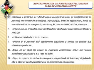 6. Establezca y demarque las rutas de acceso considerando áreas de desplazamiento de
    personal, movimiento de estibadores, montacargas, áreas de dispensación, zonas de
    despacho salidas de emergencia, extintores, kit para derrames, duchas y lavaojos.

7. Verifique que los productos estén identificados y clasificados según Naciones Unidas y
    HMIS III.

8. Verifique el estado físico de los envases.

9. Verifique si el personal está debidamente capacitado y conoce los peligros que
    ofrecen los productos.

10. Ubique en un plano los grupos de materiales almacenados según sus riesgos,
    manténgalo actualizado y a la vista de todos.

11. Ubique los equipos de control de emergencia, en puntos de fácil acceso y alejados del
    sitio o sitios en donde probablemente se presenten las emergencias
 